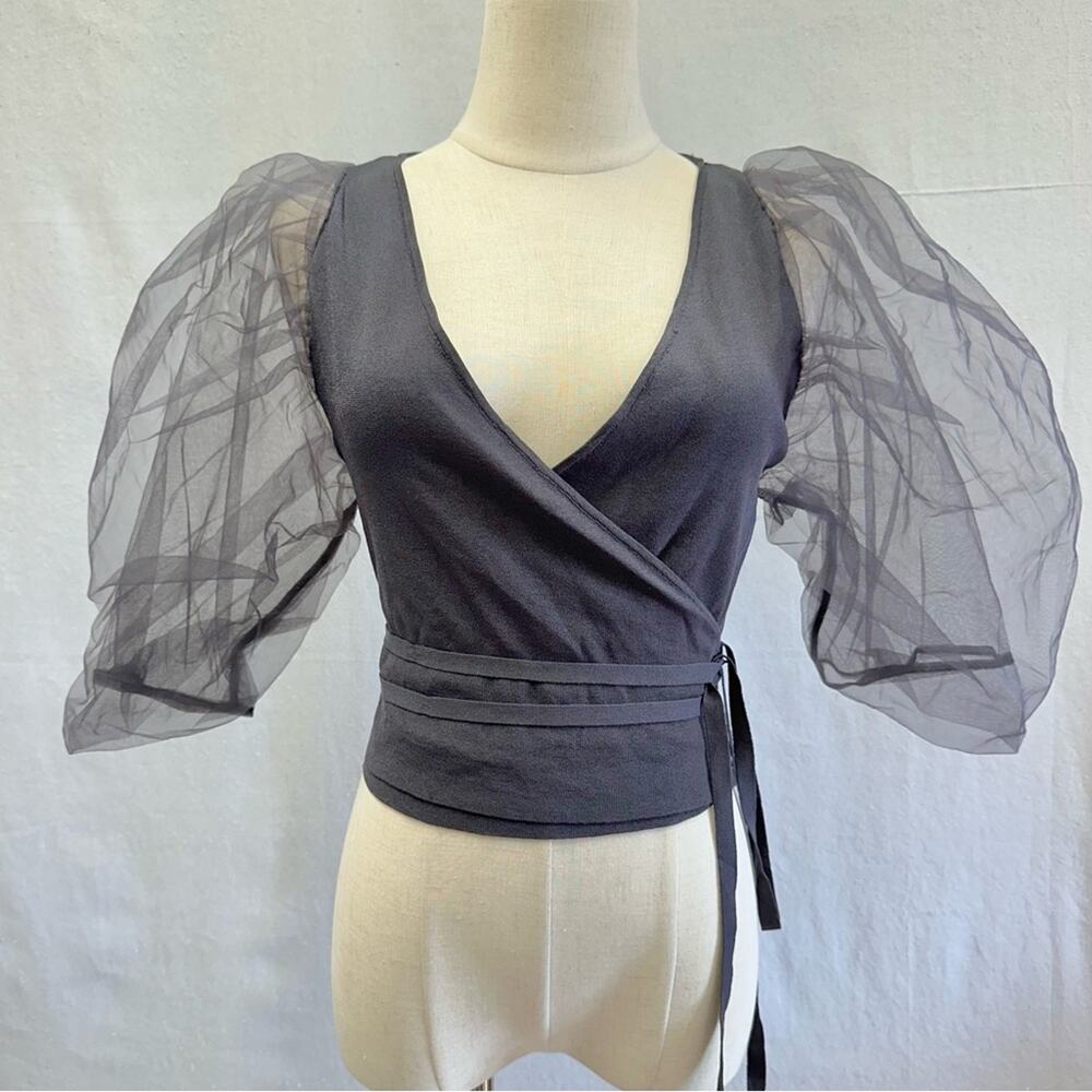 Zara organza statement puff sleeve knit cropped wrap top size‎ large NWT